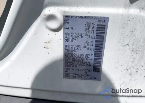 2015 Nissan Rogue Sl из США, поврежденный, VIN 5N1AT2MT2FC772787